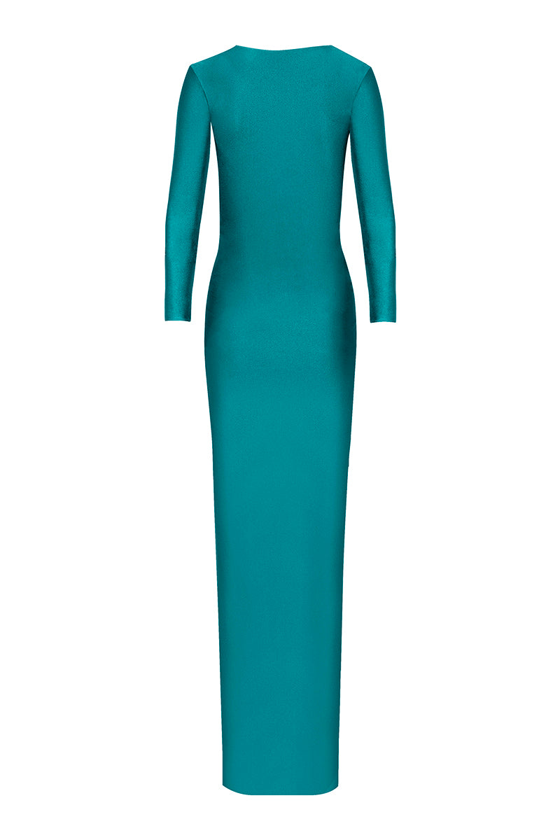 Blue ESMERELDA maxi dress by LAURA ESCOBAR featuring flowing fabric and elegant design, displayed on a model.