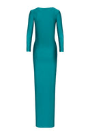 Blue ESMERELDA maxi dress by LAURA ESCOBAR, flowing fabric with elegant design, shown on a model in a full-length shot.
