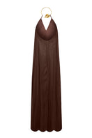 Brown Portobello maxi dress by Laura Escobar, flowing fabric and elegant design, shown on a model.