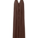 Brown Portobello maxi dress by Laura Escobar, flowing fabric and elegant design, shown on a model.