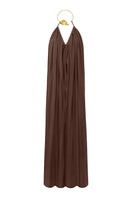Brown Portobello maxi dress by Laura Escobar, flowing fabric and elegant design, shown on a model.