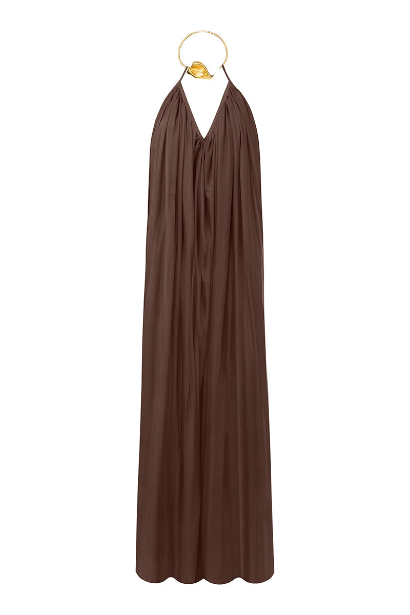 Brown Portobello maxi dress by Laura Escobar, flowing fabric and elegant design, shown on a model.
