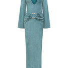 Blue Centella maxi dress by Laura Escobar, flowing fabric with a relaxed fit, displayed on a hanger against a neutral background.