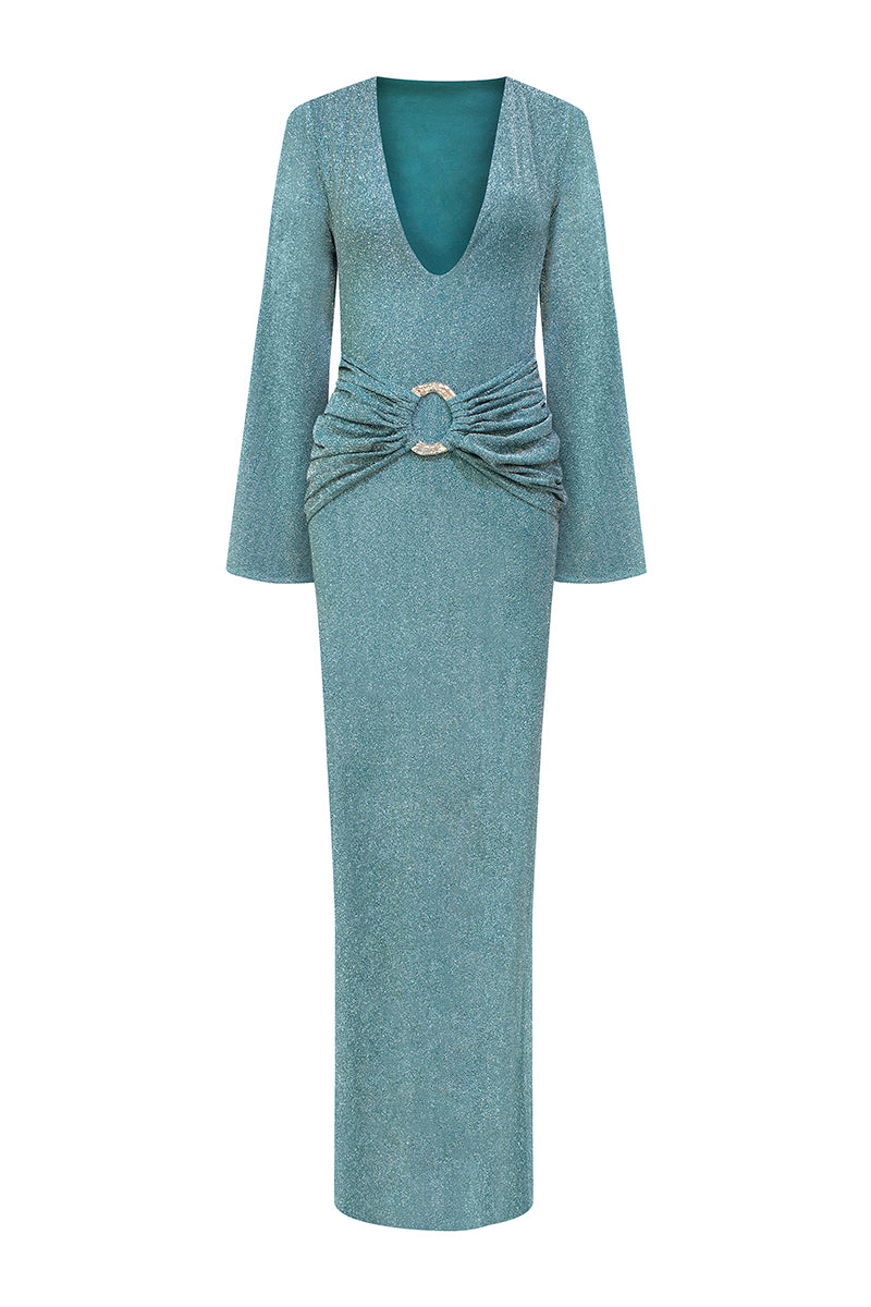 Blue Centella dress by Laura Escobar, a flowing maxi dress with intricate details, perfect for elegant summer occasions.