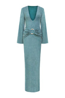 Blue Centella maxi dress by Laura Escobar, flowing fabric with a relaxed fit, displayed on a hanger against a neutral background.