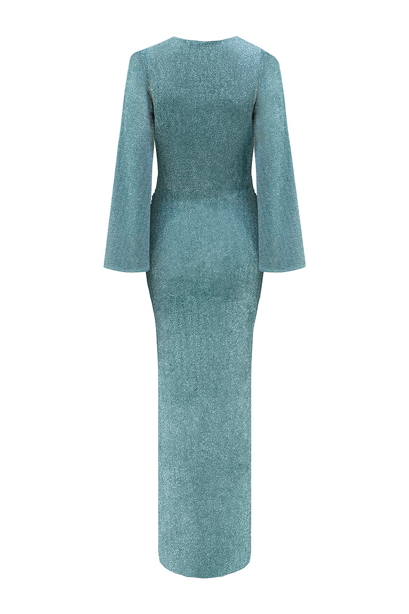 Blue Centella maxi dress by Laura Escobar, flowing fabric with a relaxed fit and elegant design, shown in a stylish full-length shot.