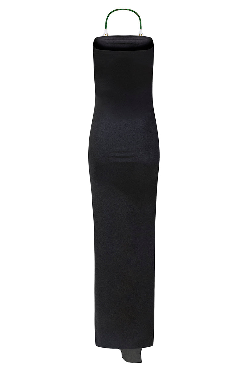 Black Paula maxi dress by Laura Escobar featuring a flowing silhouette and elegant design, shown on a model.