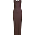Mocca-colored Laura Escobar maxi dress sandal style, flowy fabric and elegant design, perfect for summer or casual occasions.