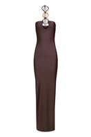 Mocca-colored Laura Escobar maxi dress sandal style, flowy fabric and elegant design, perfect for summer or casual occasions.