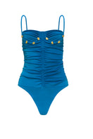 Ocean blue Laura Escobar Tenerife one-piece swimsuit displayed on a model, showcasing a stylish and fitted swimwear design.