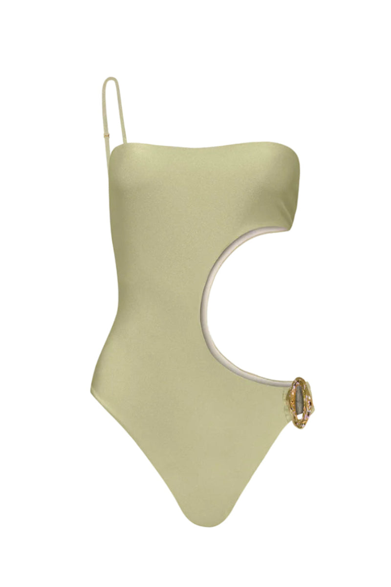Gold Malibu one-piece swimsuit by Laura Escobar, featuring a sleek design and flattering fit, shown on a model.