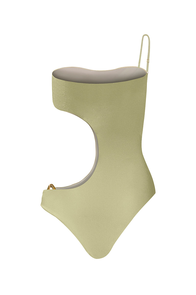 Gold Malibu one-piece swimsuit by Laura Escobar, featuring a sleek fit and stylish design, shown on a model.