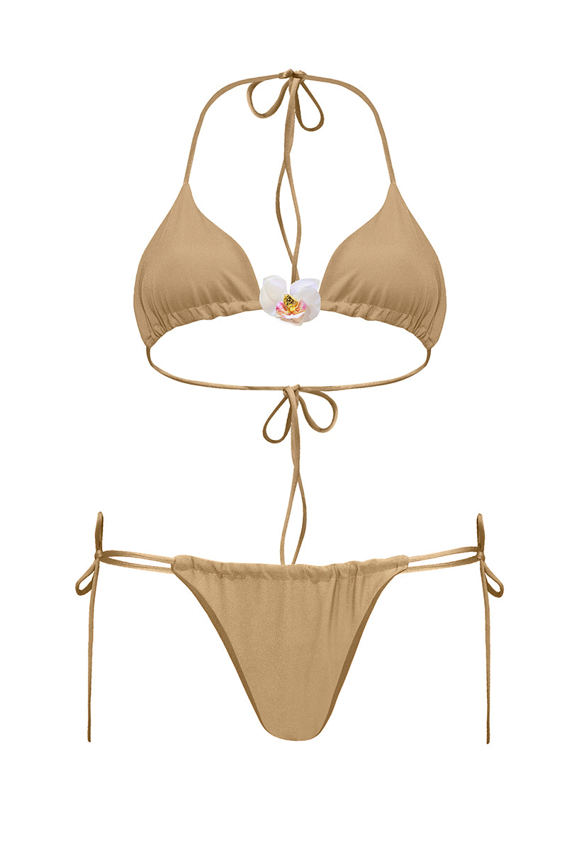 Gold orchid bikini by Laura Escobar featuring a stylish bikini top and bottom with floral orchid design.