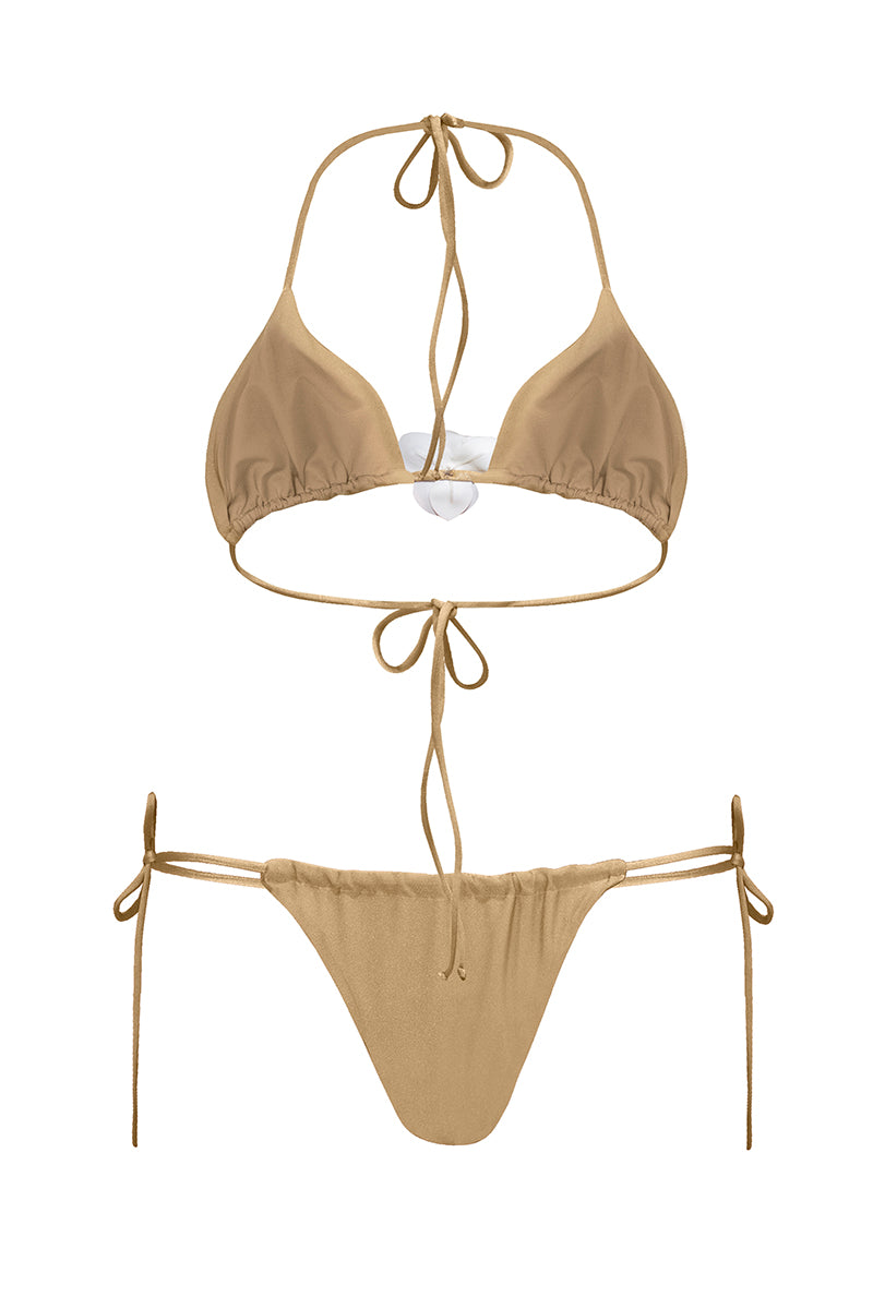 Golden Orchid Bikini by Laura Escobar, featuring a stylish bikini top and bottom with floral orchid details.
