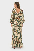 niLuu Maia wrap top in Celine fabric, showcasing a stylish, fitted design with a wrap front and elegant long sleeves.
