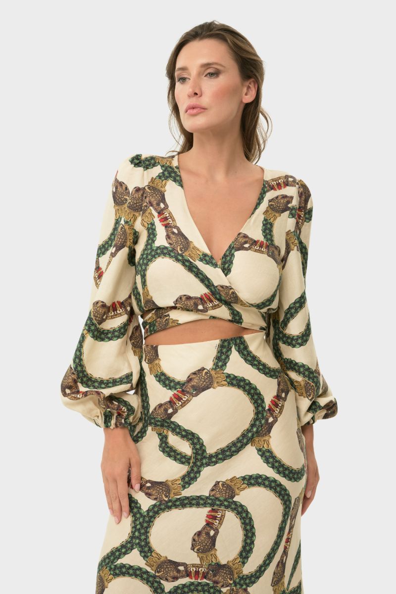 niLuu Maia wrap top in Celine fabric, featuring a stylish design with a fitted silhouette and elegant wrap detail.
