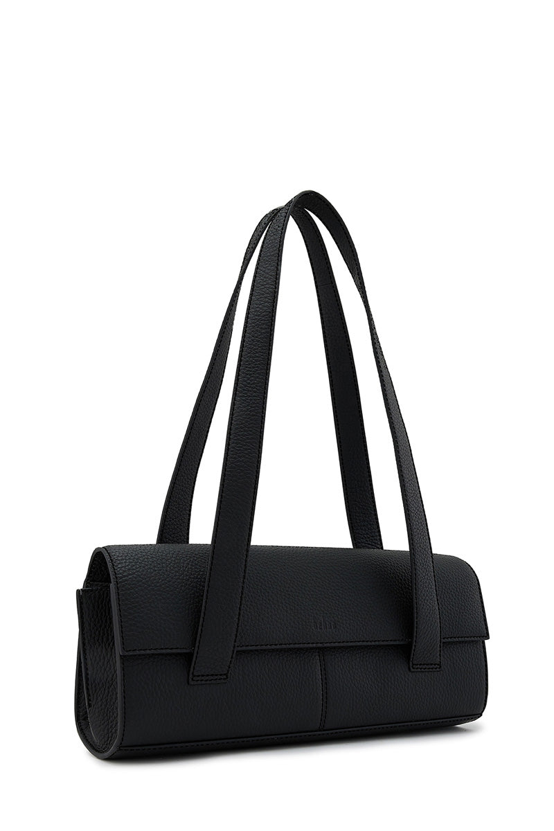 Black pebble leather Michelle shoulder bag by behno New York with a sleek, stylish design and top handle for everyday use.