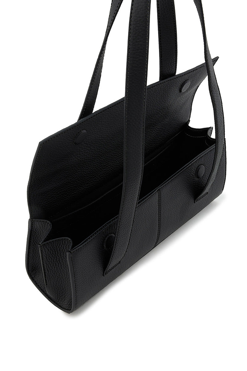 Black pebble leather Michelle shoulder bag by behno New York, featuring a sleek design and sturdy shoulder strap.