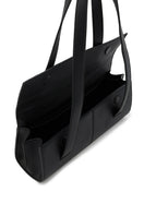 Black pebble leather Michelle shoulder bag by behno New York, featuring a sleek design and structured shape.