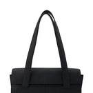 Black pebble leather Michelle shoulder bag by behno New York, front view showing sleek design and shoulder strap.