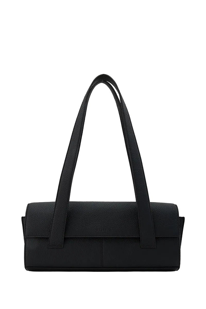 Black pebble leather Michelle shoulder bag by behno New York, front view showcasing its stylish design and compact shape.