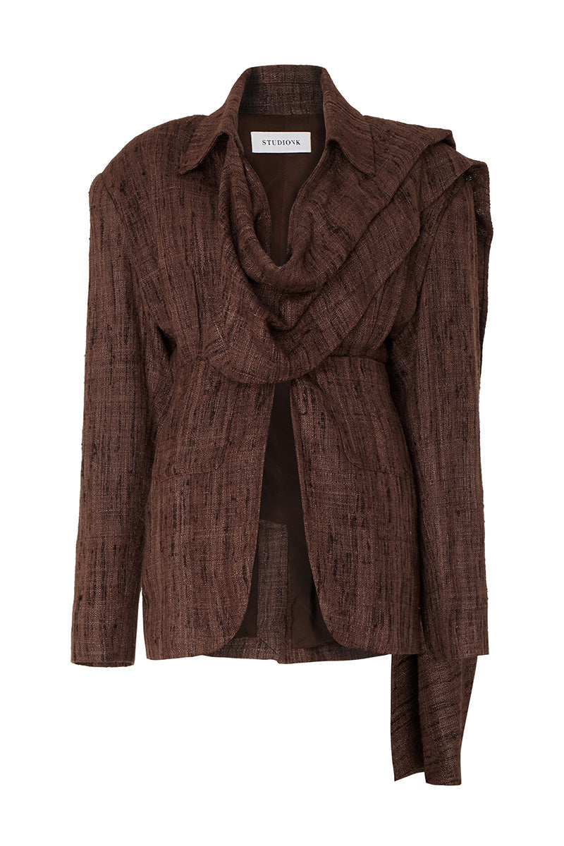Studio NK midnight blazer in ash brown, stylish jacket with tailored fit and classic lapel design, front view.