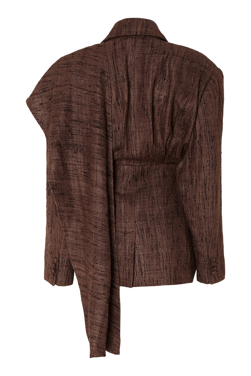 Ash brown Midnight Blazer by Studio NK, tailored jacket with classic lapel, front buttons, and sleek fit.