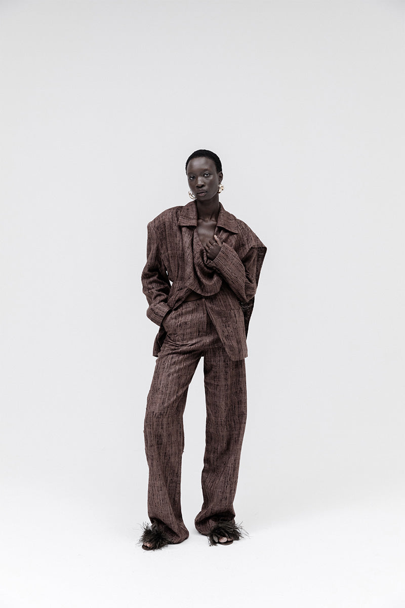 Studio NK midnight pants in ash brown, showcasing a relaxed fit and comfortable waistband on a casual style pants.
