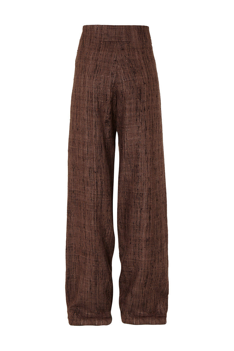 Studio NK midnight pants in ash brown, shown in a relaxed fit with a smooth fabric, versatile for casual or stylish wear.