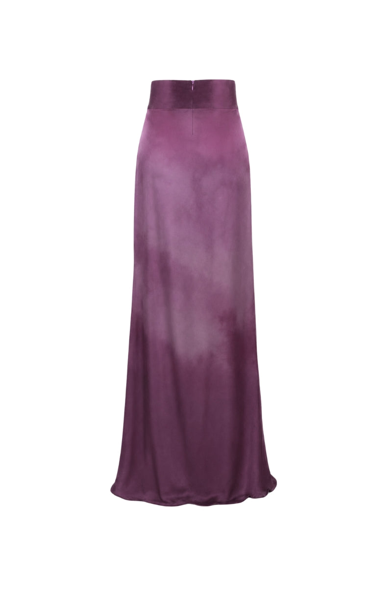Purple print maxi skirt from Tinta Latina featuring flowing fabric and vibrant floral patterns, perfect for casual or dressy wear.