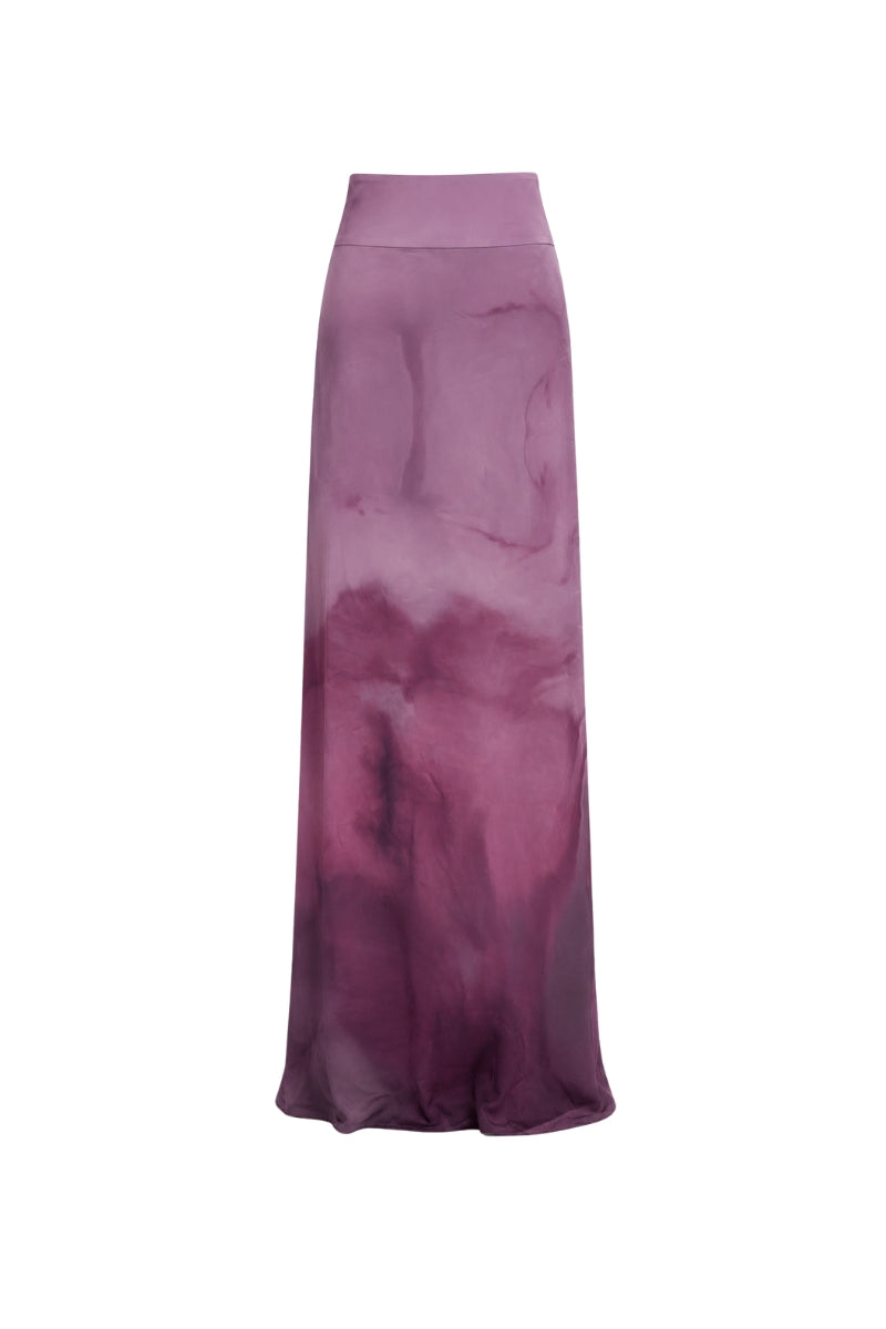 Purple printed Tinta Latina MIEL maxi skirt with flowing fabric and vibrant floral design.
