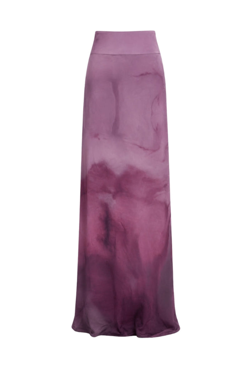 Purple printed Tinta Latina MIEL maxi skirt with flowing fabric and vibrant floral design.