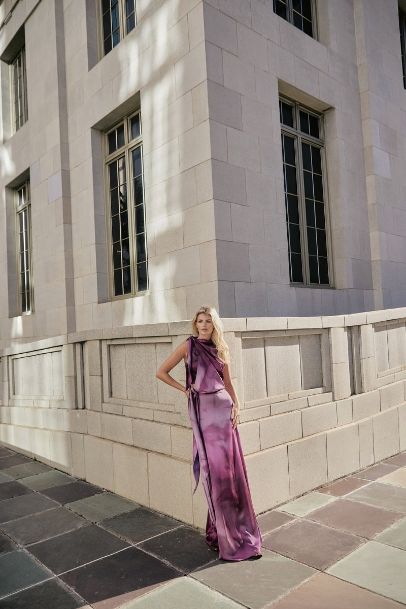 Purple floral print maxi skirt by Tinta Latina, flowing fabric and elegant design perfect for casual or dressy occasions.