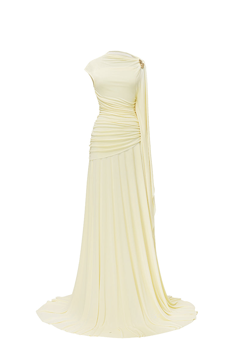 Yellow Minerva gown by Jenny K Tran featuring elegant fabric and a flowing silhouette, ideal for formal occasions.