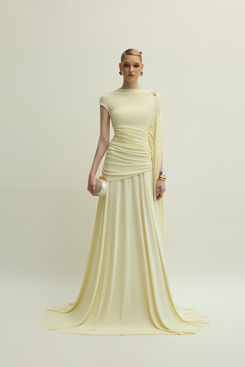 Yellow Minerva gown by Jenny K Tran featuring elegant fabric and intricate design, perfect for formal occasions.
