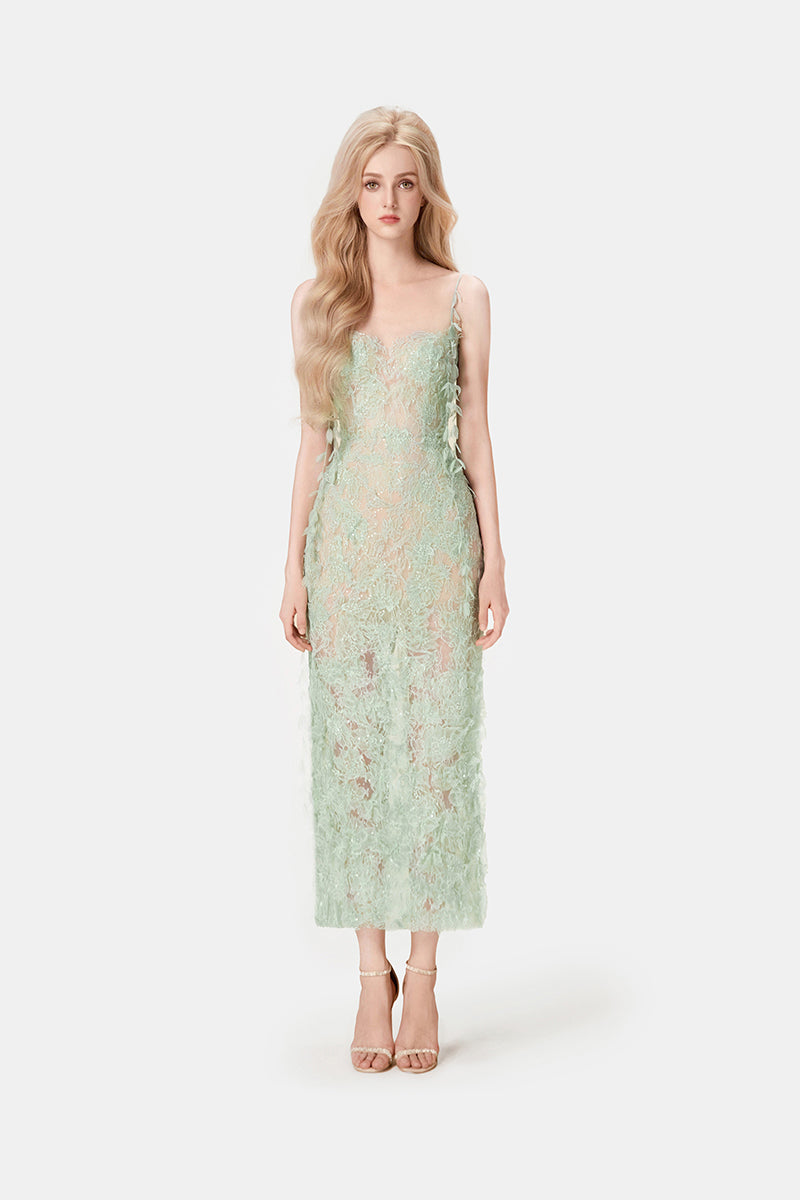 MINT BEADED LACE PENCIL MIDI DRESS
