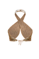 Bronze hand-crochet cross top with pearl embellishments by Mirel Prentice, featuring intricate detailing and a stylish design.