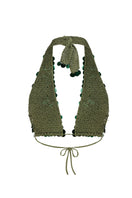 Hand-crochet emerald green top with sequin embellishments by Mirel Prentice, showcasing intricate detailing and vibrant color.