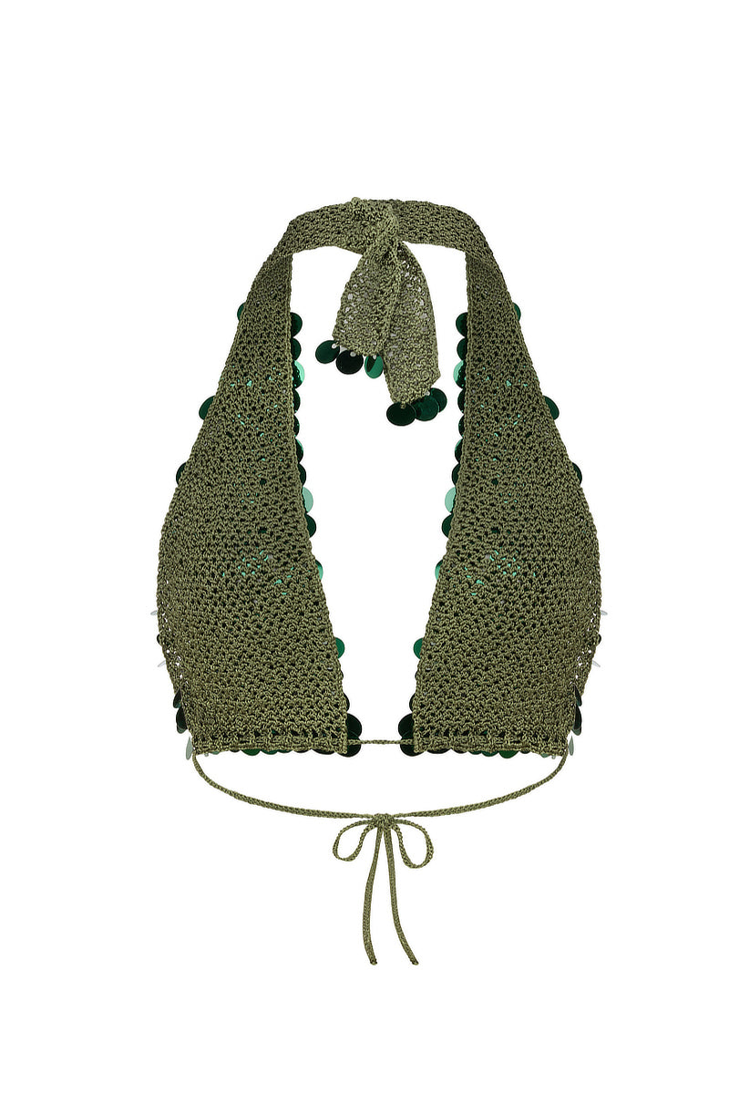 Hand-crochet emerald green top with sequin embellishments by Mirel Prentice, showcasing intricate detailing and vibrant color.