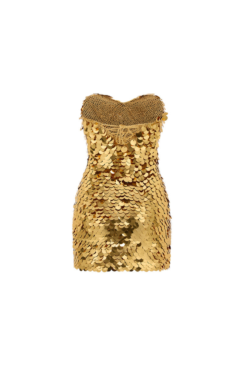 HAND-CROCHET SEQUIN EMBELLISHED STRAPLESS MINI DRESS IN GOLD | CULT MIA | Mirel Prentice HAND-CROCHET SEQUIN EMBELLISHED STRAPLESS MINI DRESS IN GOLD | CULT MIA | Mirel Prentice