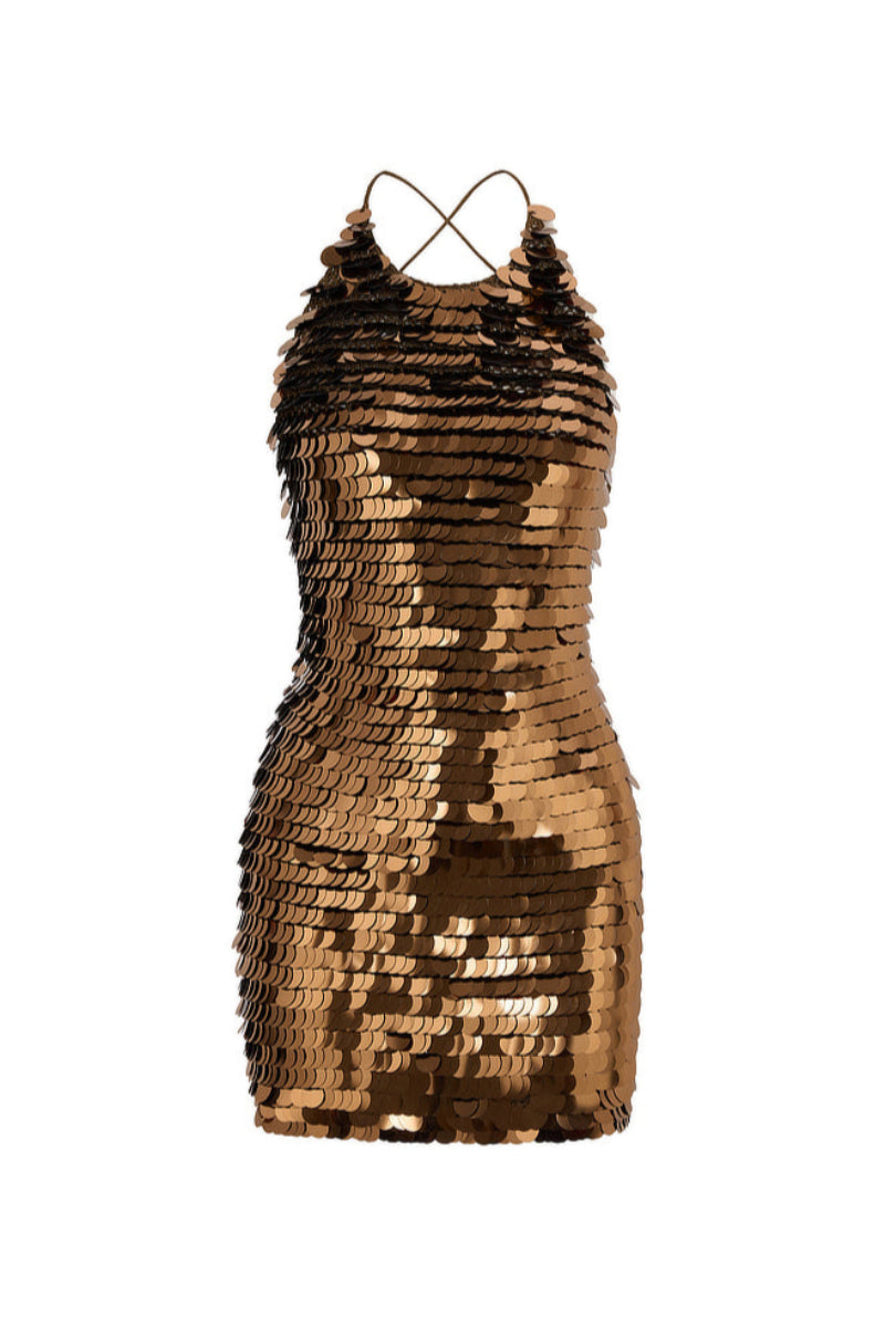 HAND-CROCHET SEQUIN EMBELLISHED MINI DRESS IN BRONZE - CULT MIA