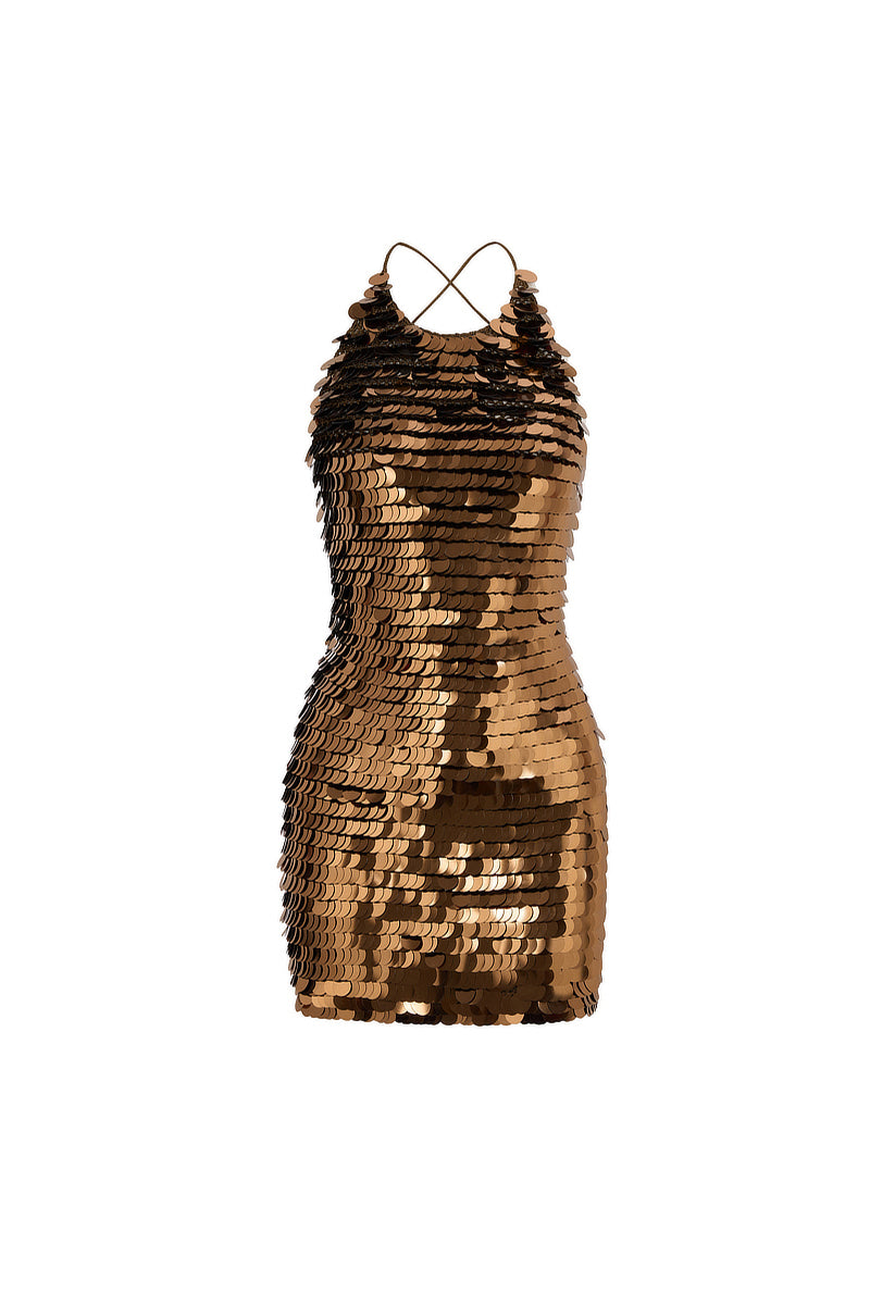 HAND-CROCHET SEQUIN EMBELLISHED MINI DRESS IN BRONZE