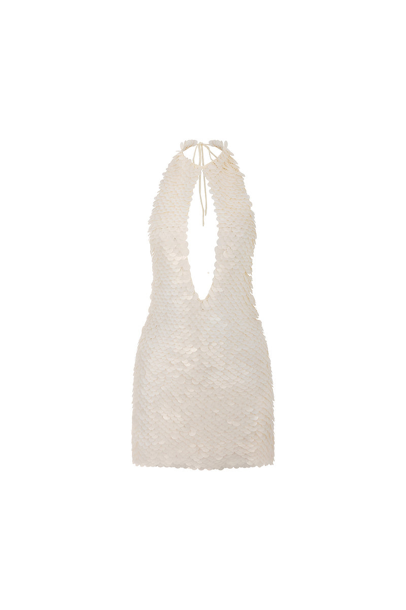 HAND-CROCHET SEQUIN EMBELLISHED CUT-OUT DETAIL MINI DRESS IN WHITE