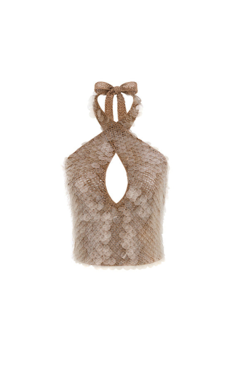 Hand-crocheted mocha top with sequin embellishments and cut-out design by Mirel Prentice, featuring intricate detailing.