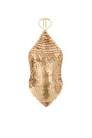 Hand-crochet gold sequined open-back top by Mirel Prentice with matte finish, stylish and eye-catching women's fashion top.