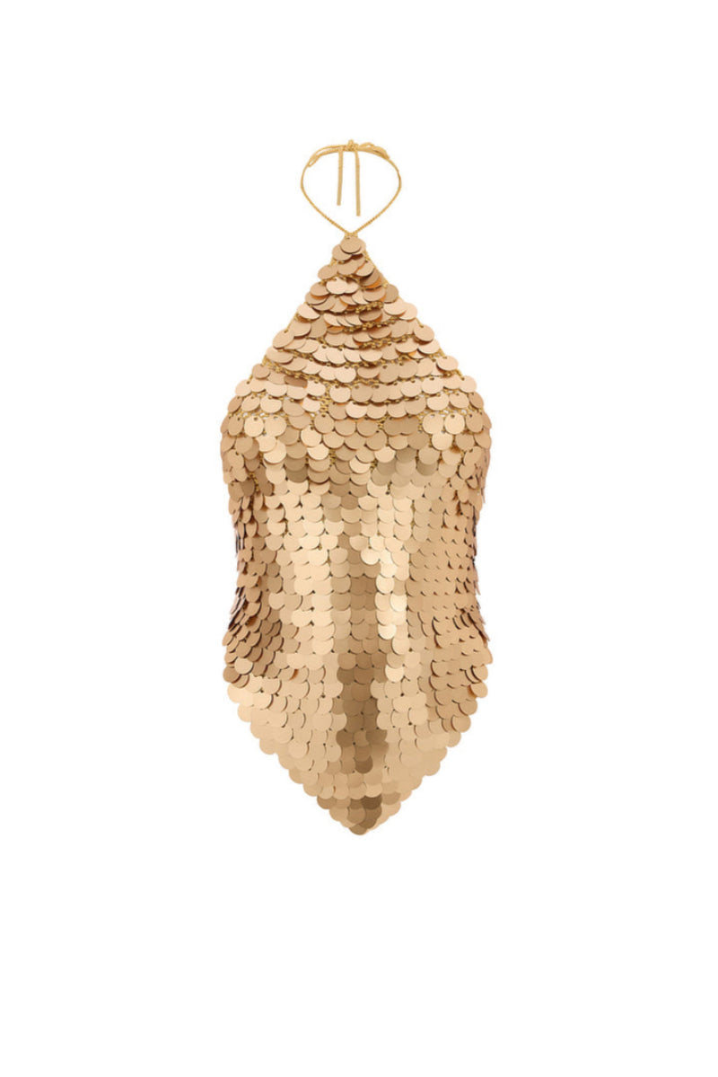 Hand-crochet gold sequined open-back top by Mirel Prentice with matte finish, stylish and eye-catching women's fashion top.