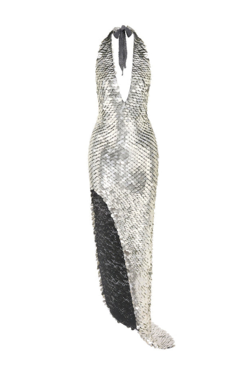 HAND-CROCHET SEQUIN EMBELLISHED GOWN IN MATTE SILVER