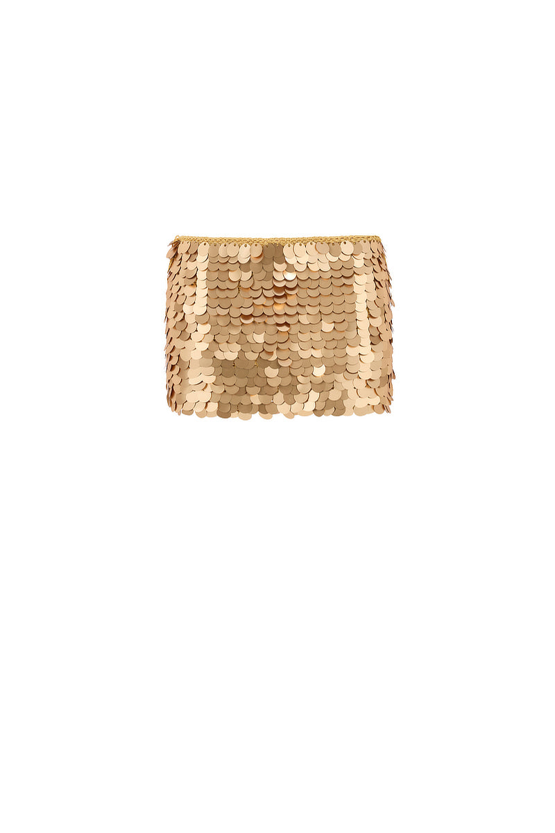 Hand-crochet mini skirt with gold sequins by Mirel Prentice, featuring a fitted silhouette and matte gold finish.