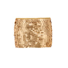 Hand-crochet mini skirt with sequin embellishments in matte gold by Mirel Prentice, featuring a fitted waist and decorative detailing.