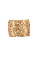 Hand-crochet mini skirt with sequin embellishments in matte gold by Mirel Prentice, featuring a fitted waist and decorative detailing.